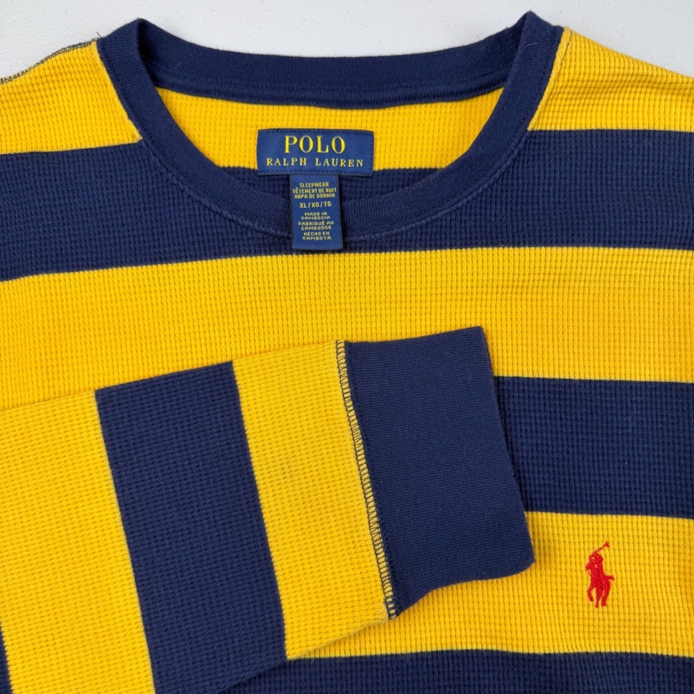Polo Ralph Lauren Waffle Knit Striped Long Sleeve Shirt Mens XL Blue Yellow